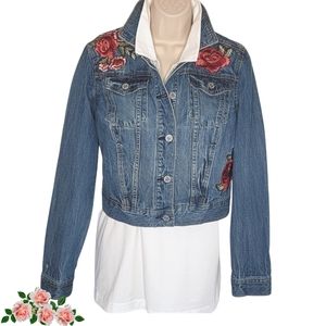 A.N.A Womens Med Denim Blue Jean Jacket Vintage Cropped Embroidered Farm Western